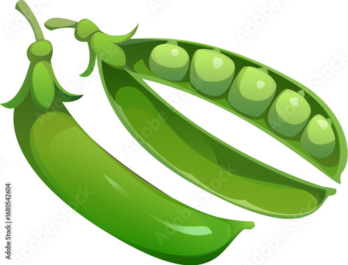 Cartoon green pea pods, isolated raw ripe vegetable. Vector one whole and one open pods with visible peas. Fresh healthy eating, gardening plants, farming produce , and vegetarian greenery food