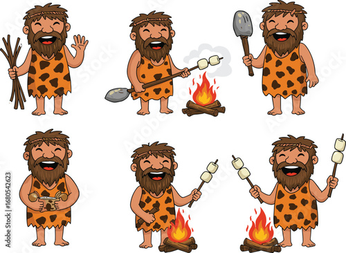Funny caveman cartoon characters in animal skin clothes cooking marshmallows on fire, holding sticks and tools vector illustration set