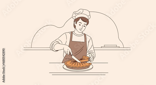 Young Baker Slicing Pie, Demonstrating Perfect Baking Skills, Culinary Illustration