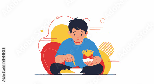 Young Person Consuming Fries: Illustrated Design Of Fast Food And Enjoyment or Pleasure