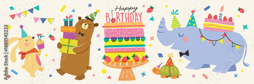 Happy birthday collection with cartoon character animals. Birthday party vector illustration for greeting card, invitation, event, poster, sticker, prints.

