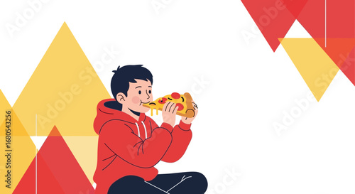 Young Person Joyfully Eating Pizza Slice, Enjoying Delicious Food, Tasty Meal Concept Graphic Design