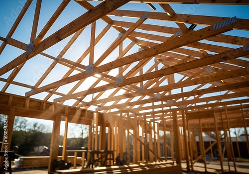 Wooden Roof Trusses of a New House Under Construction.