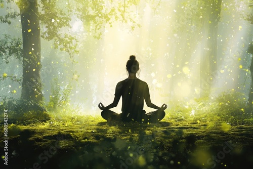 Find inner peace with mindful meditation in a magical sunlit forest for wellness and relaxation