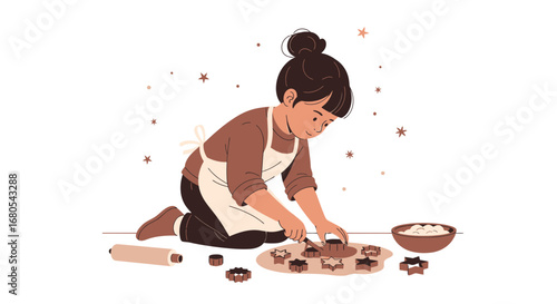 Young Person Kneeling and Cutting Cookie Dough into Star Shapes for Baking Activities