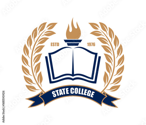University state college icon. Vector classic academic emblem featuring an open book, flaming torch, laurel wreath, and ribbon in blue and gold, symbolizes knowledge, tradition, educational excellence