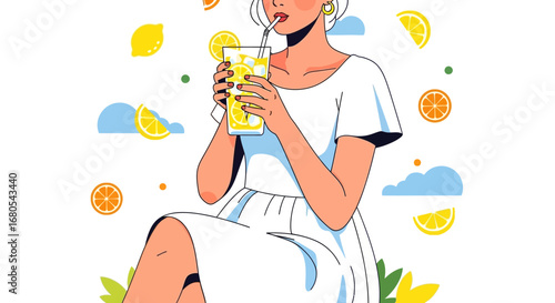 Young Woman Enjoying A Refreshing Lemonade Against A Colorful Backdrop