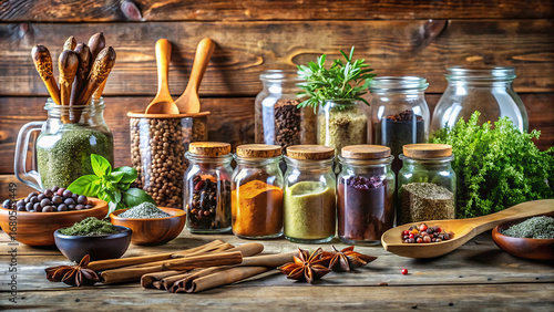 Fototapeta Naklejka Na Ścianę i Meble -  rustic kitchen scene flat lay with jars of spices and wooden spoons
