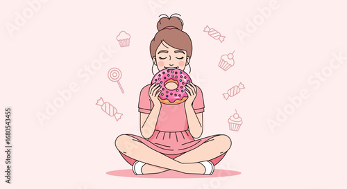 Young Woman Enjoying Sweet Treat While Meditating In A Peaceful Meditative Pose