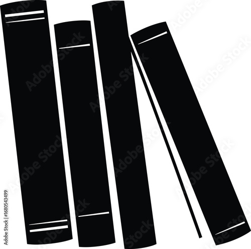 Silhouette of five standing and leaning books, simple black and white vector, perfect for education, reading, library design.