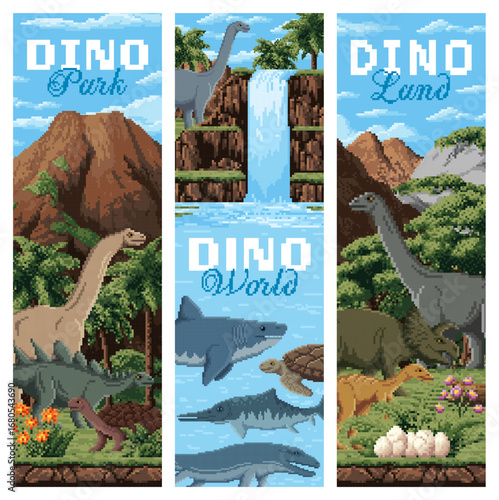 8bit pixel vertical banners with prehistoric dinosaurs and reptiles, vector Jurassic era. Dino park or dinosaurs land game with 8 bit pixel lizards, underwater reptiles and giant dinosaurs in jungle