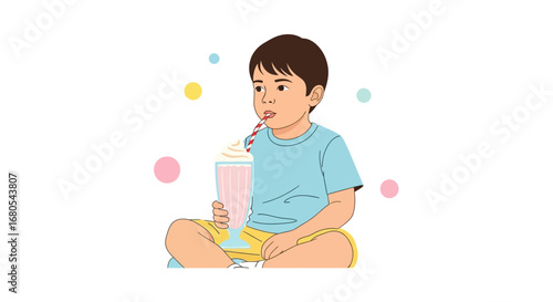 Youngster Enjoying Creamy Beverage, Simple Illustration Depicting Casual Moment and Refreshment