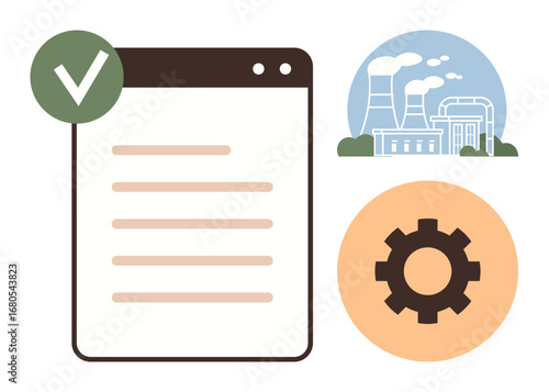Approved checklist interface with checkmark, industrial factory facility, and gear for workflow and production. Ideal for process management, quality control, industry, engineering, planning