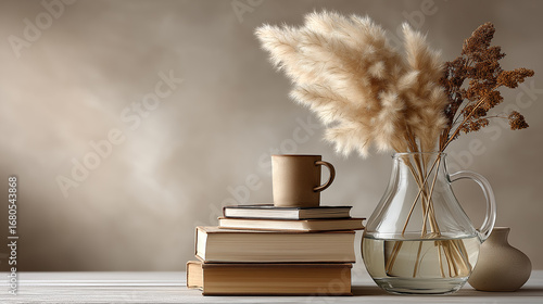Fototapeta Naklejka Na Ścianę i Meble -  Scandinavian coffee table with stack of books and dried pampas grass in glass vase — blank wall with large open space for design insertion