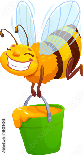 Cartoon honey bee worker character flying with joyful face holding green bucket filled with honey. Vector funny yellow insect exudes hardworking mood and spring pollination energy in apiary or garden