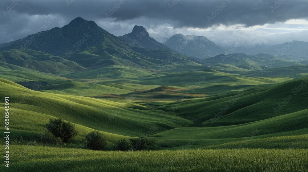 Obraz premium Dramatic mountain peaks over green rolling landscape