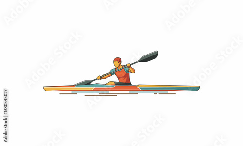 Kayaker in action with paddle, wearing orange vest, rowing in a colorful kayak.