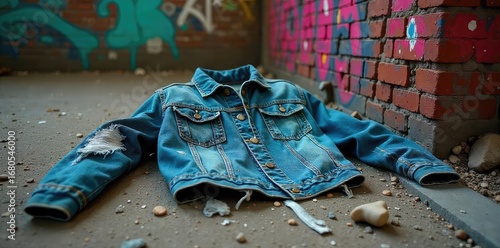 A ripped and stained denim jacket lies discarded amidst shattered glass and graffiti-covered brick, conveying a sense of raw, urban violence and decay , ruin, messy