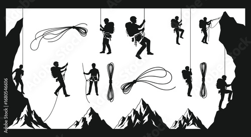 Silhouette of rock climbers using rope, mountain adventure, rappelling, climbing gear, outdoor extreme sport, vector illustration, alpine landscape background