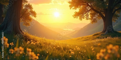 Wallpaper Mural A serene landscape bathed in golden sunlight, symbolizing the peace and hope found in Christian faith Perfect for illustrating spiritual concepts and themes of divine grace , holy, sacred Torontodigital.ca