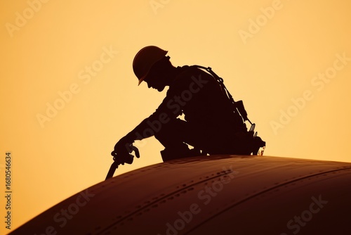 Dedicated construction worker silhouetted against a warm, golden sky, focused on task