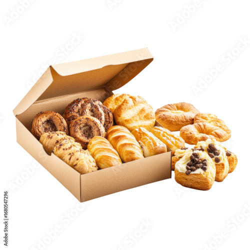 Assorted bread pastry croissant and roll in bakery box featuring golden brown crusts and sweet toppings perfect for breakfast or snack evoking warm inviting feeling