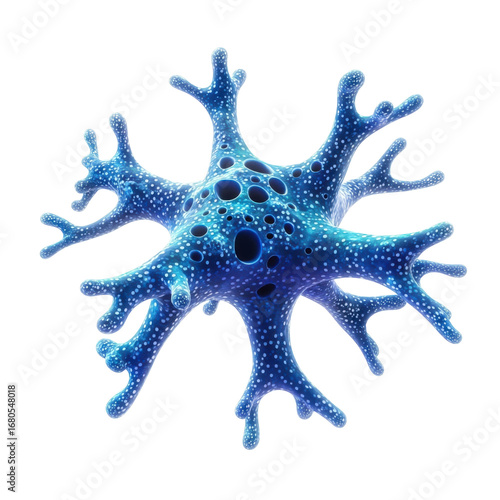 Microscopic blue organism with white spots and dark holes against a showcasing intricate cellular structure and biology on transparent background