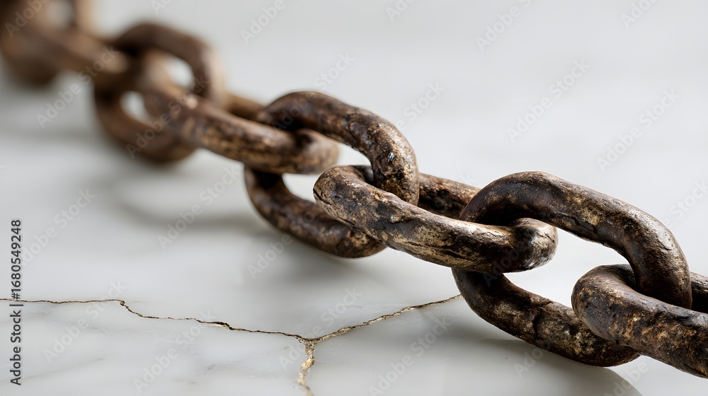 Obraz premium Rusty metal chain on cracked marble surface.