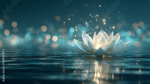 A luminous, ethereal white lotus flower floats gently on tranquil water, surrounded by shimmering light effects and a soft teal background.