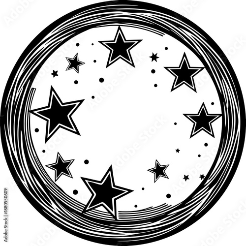 Celestial Circle: An elegant circular design, showcasing a constellation of bold stars within a decorative frame, ideal for various design applications and embodying celestial themes.