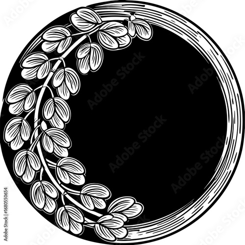 Floral Embellishment: A beautifully designed botanical border, in striking black and white, elegantly frames the scene.