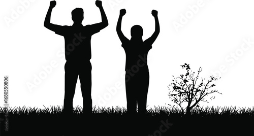Silhouette of Happy People Celebrating Outdoors with Raised Hands Standing on Grass Near Small Tree, Success and Nature Concept