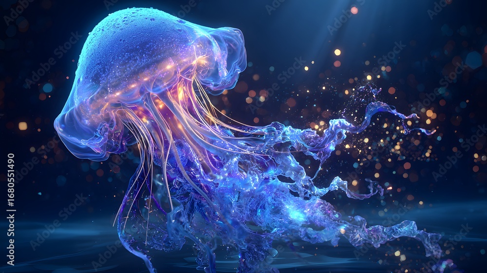 Naklejka premium A luminous jellyfish, glowing with vibrant blues and oranges, floats elegantly amidst a shimmering, dark background.