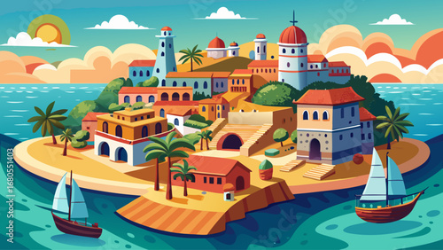 Wallpaper Mural Island of Mozambique, Mozambique, shows colonial forts, coral-stone houses, and vibrant harbors. Ocean horizon frames the scene; semi-realistic flat vector emphasizing maritime geometry and pastel fac Torontodigital.ca