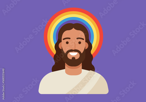 A cartoonstyle Jesus portrait with a rainbow halo on a purple background