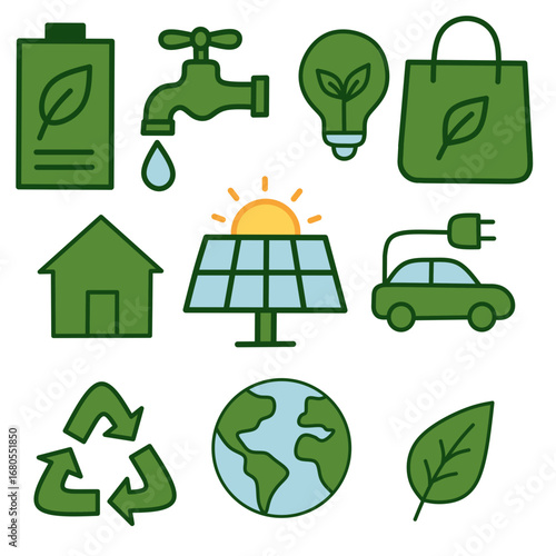 Eco and sustainability icons in flat vector style, water tap, eco light bulb, reusable bag, solar panel, electric car, recycle symbol. Perfect for green energy projects.