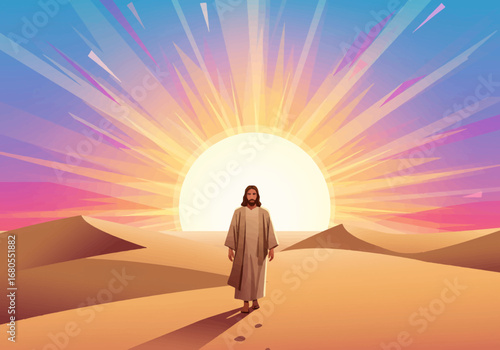 A figure in a robe walks through a desert with a bright sun and colorful sky