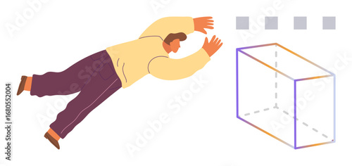 Man stretching arms forward in motion toward geometric cube with floating squares above. Ideal for innovation, ambition, creativity, problem-solving, strategy, motivation, progress. Simple flat