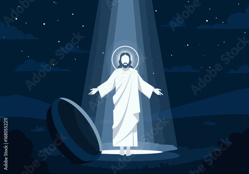 A radiant figure stands near an open tomb bathed in a celestial light under a starry cloudy night sky