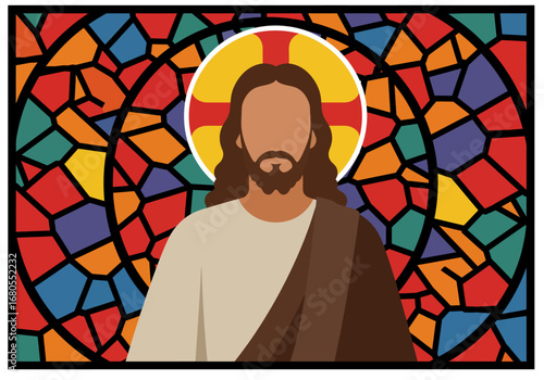 A stainedglassstyle image of Jesus with a halo in front of a colorful geometric stainedglass background