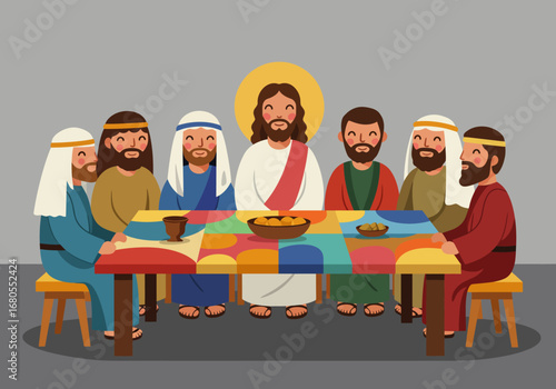 Cartoon depiction of the Last Supper scene featuring Jesus and his disciples at a colorful table