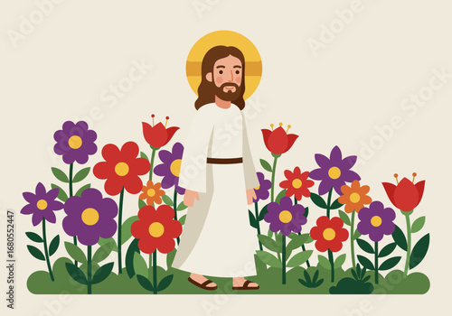 Cartoon figure with halo walks amid bright flowers stylized art style