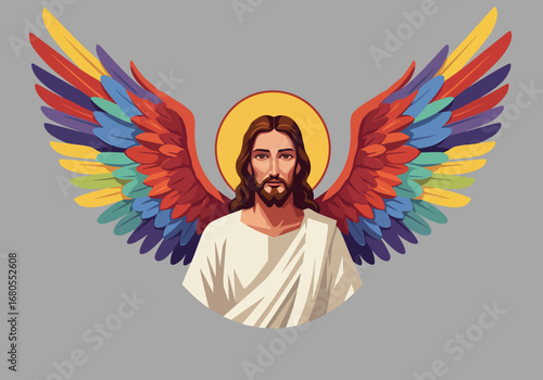 Cartoon of Jesus with rainbow wings and a halo set against a gray background