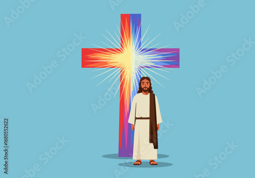 Christ figure stands before a colorful stylized cross with radiant light beams
