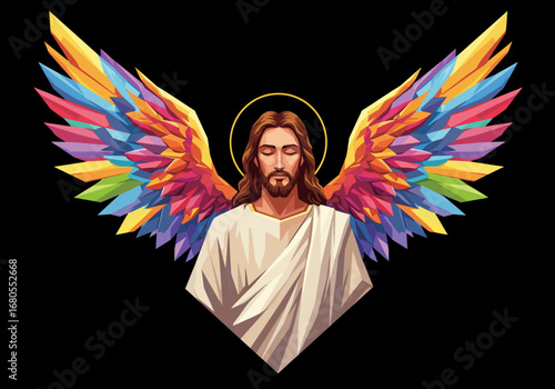 Digital art Angelic figure with rainbow wings eyes closed halo above