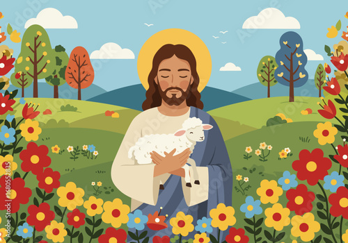 Illustration Jesus holding a lamb in a vibrant field with flowers and trees under a sunny cloudy sky