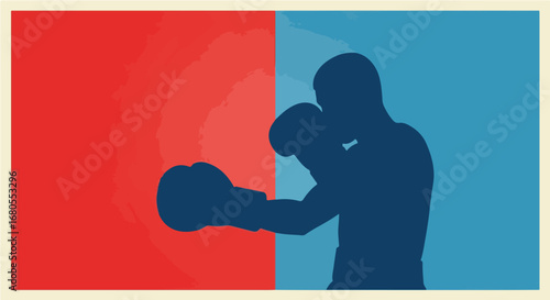 The Boxing Match Silhouette of Opponents in a Red and Blue Corner