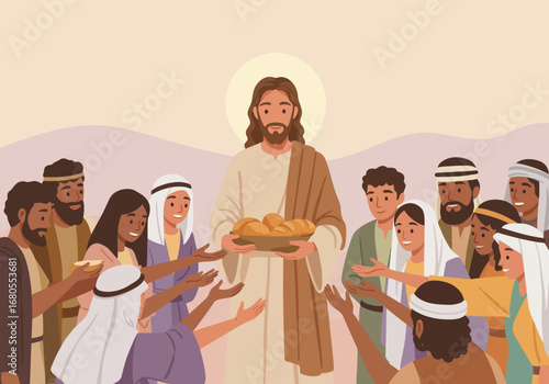 Jesus distributing bread to a crowd of diverse people in a stylized illustration