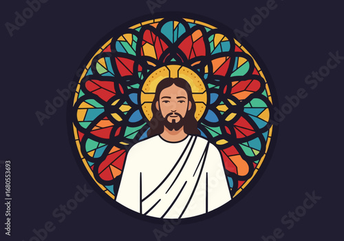 Jesus depicted in a stained glass style illustration haloed and set against a colorful segmented backdrop