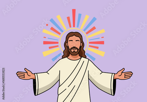 Jesus figure with open arms brown hair and a colorful halo against a light purple background
